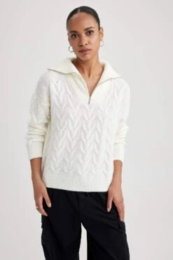 DeFacto Oversize Fit Fermuarlı Yaka Kazak