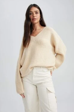 DeFacto Oversize Fit V Yaka Kazak