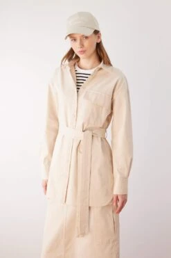 DeFacto Relax Fit Basic Kemerli Gabardin Gömlek %100 Pamuk Tunik