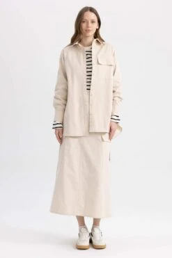 DeFacto Relax Fit Basic Kemerli Gabardin Gömlek %100 Pamuk Tunik -Tunik Style A4051AX 23SP BG757 04 02