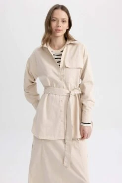 DeFacto Relax Fit Basic Kemerli Gabardin Gömlek %100 Pamuk Tunik -Tunik Style A4051AX 23SP BG757 05 02