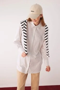 DeFacto Regular Fit Çizgili Uzun Kollu Poplin Gömlek %100 Pamuk Tunik -Tunik Style A4960AX 23SP WT79 03 03