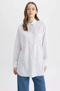 DeFacto Regular Fit Çizgili Uzun Kollu Poplin Gömlek %100 Pamuk Tunik -Tunik Style A4960AX 23SP WT79 04 02