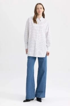 DeFacto Regular Fit Çizgili Uzun Kollu Poplin Gömlek %100 Pamuk Tunik -Tunik Style A4960AX 23SP WT79 05 02