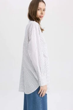DeFacto Regular Fit Çizgili Uzun Kollu Poplin Gömlek %100 Pamuk Tunik -Tunik Style A4960AX 23SP WT79 07 02