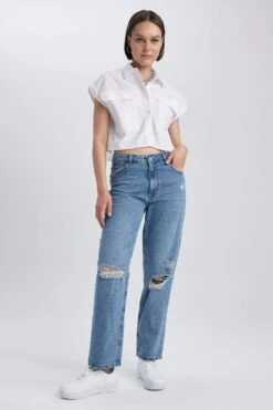 DeFacto Boyfriend Yırtık Detaylı Jean Uzun %100 Pamuk Pantolon -Tunik Style A5157AX 23HS NM39 02 02