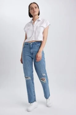 DeFacto Boyfriend Yırtık Detaylı Jean Uzun %100 Pamuk Pantolon -Tunik Style A5157AX 23HS NM39 04 01