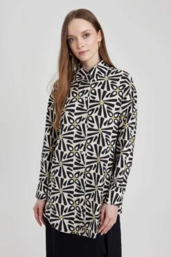 DeFacto Relax Fit Gömlek Yaka Baskılı Uzun Kollu Tunik