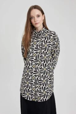 DeFacto Relax Fit Gömlek Yaka Baskılı Uzun Kollu Tunik -Tunik Style A5308AX 23HS BG757 03 01