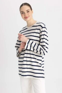 DeFacto Regular Fit Bisiklet Yaka Çizgili Uzun Kollu %100 Pamuk Tunik -Tunik Style A6453AX 23SM NV28 04 01