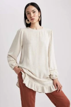 DeFacto Regular Fit Keten Karışımlı Uzun Kollu Tunik -Tunik Style A6649AX 23SM ER233 06 02