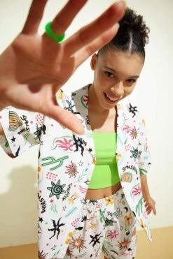 DeFacto Coool Oversize Fit Pijama Yaka Kısa Kollu %100 Pamuk Gömlek