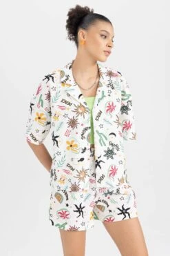 DeFacto Coool Oversize Fit Pijama Yaka Kısa Kollu %100 Pamuk Gömlek -Tunik Style A6863AX 23SM WT32 05 02