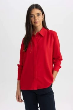DeFacto Fitted Gömlek Yaka Krep Uzun Kollu Gömlek -Tunik Style A9537AX 23AU RD2 04 02