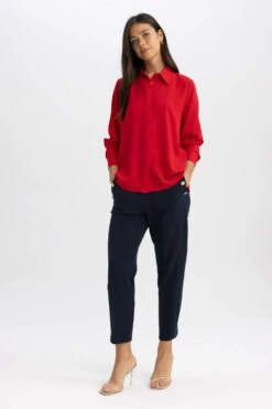 DeFacto Fitted Gömlek Yaka Krep Uzun Kollu Gömlek -Tunik Style A9537AX 23AU RD2 05 02