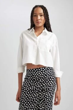 DeFacto Crop Top Gömlek Yaka Poplin Uzun Kollu %100 Pamuk Gömlek
