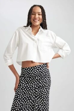 DeFacto Crop Top Gömlek Yaka Poplin Uzun Kollu %100 Pamuk Gömlek -Tunik Style B0873AX 23AU WT32 03 03