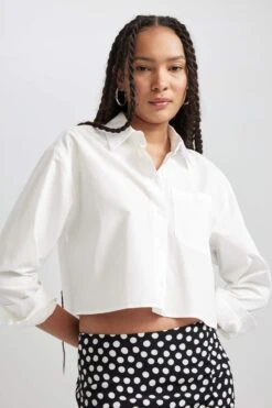 DeFacto Crop Top Gömlek Yaka Poplin Uzun Kollu %100 Pamuk Gömlek -Tunik Style B0873AX 23AU WT32 04 03