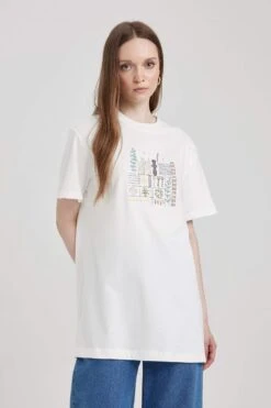 DeFacto Bisiklet Yaka Nakışlı Kısa Kollu %100 Pamuk Tişört Tunik -Tunik Style B1620AX 23HS ER105 03 01