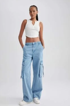 DeFacto Geniş Paça Kargo Cepli Uzun Jean Pantolon -Tunik Style B1896AX 23HS NM39 03 01