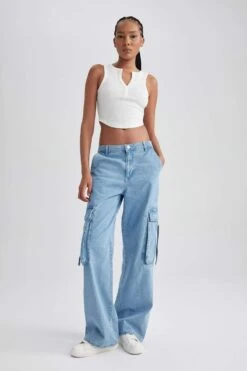 DeFacto Geniş Paça Kargo Cepli Uzun Jean Pantolon -Tunik Style B1896AX 23HS NM39 04 01