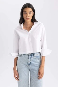 DeFacto Crop Gömlek Yaka Poplin Uzun Kollu Gömlek