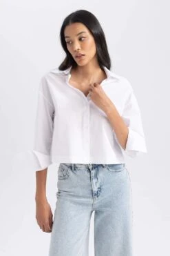 DeFacto Crop Gömlek Yaka Poplin Uzun Kollu Gömlek -Tunik Style B2364AX 23AU WT34 03 01