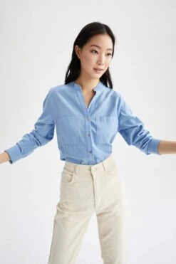 DeFacto Regular Fit Patlı Keten Görünümlü Uzun Kollu %100 Pamuk Gömlek