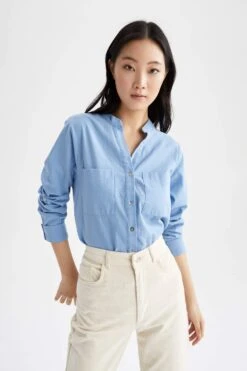 DeFacto Regular Fit Patlı Keten Görünümlü Uzun Kollu %100 Pamuk Gömlek -Tunik Style L6492AZ 22SM BE551 03 01