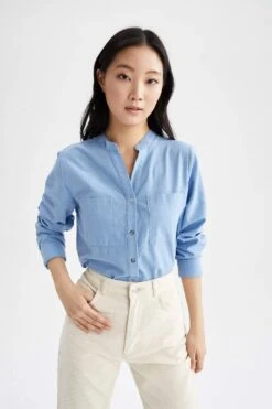 DeFacto Regular Fit Patlı Keten Görünümlü Uzun Kollu %100 Pamuk Gömlek -Tunik Style L6492AZ 22SM BE551 04 01