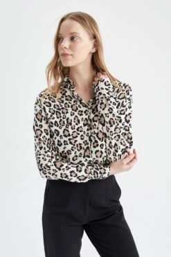 DeFacto Oversize Fit Leopar Desenli Saten Gömlek Tunik