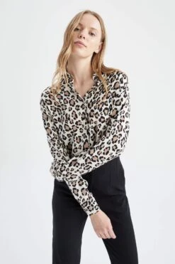 DeFacto Oversize Fit Leopar Desenli Saten Gömlek Tunik -Tunik Style T6892AZ 22SM BN332 03 01
