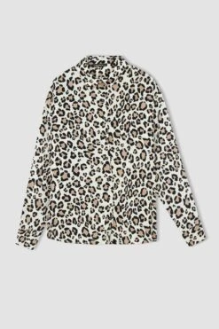 DeFacto Oversize Fit Leopar Desenli Saten Gömlek Tunik -Tunik Style T6892AZ 22SM BN332 06 01