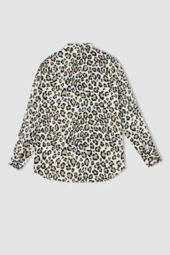 DeFacto Oversize Fit Leopar Desenli Saten Gömlek Tunik -Tunik Style T6892AZ 22SM BN332 09 01
