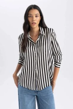 DeFacto Oversize Fit Gömlek Yaka Saten Uzun Kollu Gömlek
