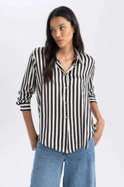 DeFacto Oversize Fit Gömlek Yaka Saten Uzun Kollu Gömlek -Tunik Style T6892AZ 23AU BK34 03 01