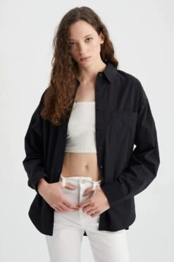 DeFacto Oversize Fit Poplin Uzun Kollu %100 Pamuk Gömlek -Tunik Style U7763AZ 23SP BK27 03 01