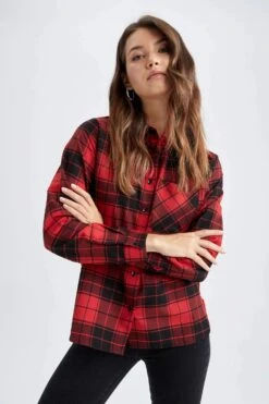 DeFacto Regular Fit Gömlek Yaka Flanel Uzun Kollu Gömlek -Tunik Style V5501AZ 22AU RD2 03 02