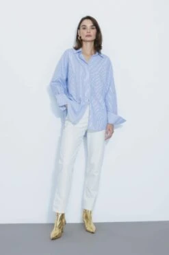 DeFacto Oversize Fit Çizgili Uzun Kollu Poplin %100 Pamuk Gömlek -Tunik Style W7702AZ 23SP BE40 03 02