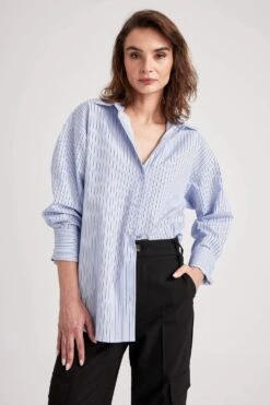 DeFacto Oversize Fit Çizgili Uzun Kollu Poplin %100 Pamuk Gömlek -Tunik Style W7702AZ 23SP BE40 04 04
