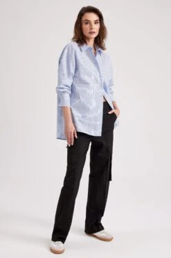 DeFacto Oversize Fit Çizgili Uzun Kollu Poplin %100 Pamuk Gömlek -Tunik Style W7702AZ 23SP BE40 05 02