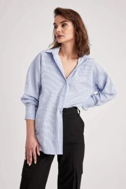 DeFacto Oversize Fit Çizgili Uzun Kollu Poplin %100 Pamuk Gömlek -Tunik Style W7702AZ 23SP BE40 06 03