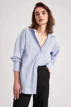 DeFacto Oversize Fit Çizgili Uzun Kollu Poplin %100 Pamuk Gömlek -Tunik Style W7702AZ 23SP BE40 07 03
