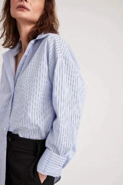 DeFacto Oversize Fit Çizgili Uzun Kollu Poplin %100 Pamuk Gömlek -Tunik Style W7702AZ 23SP BE40 08 03
