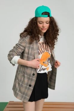 DeFacto Coool Oversize Fit Kare Desenli Düğmeli Blazer Ceket