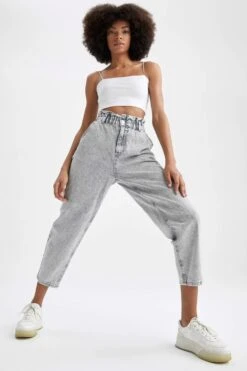 DeFacto Paperbag Fit Yüksek Bel Cropped Yıkamalı Jean %100 Pamuk Pantolon -Tunik Style X1171AZ 22SP NM55 02 02