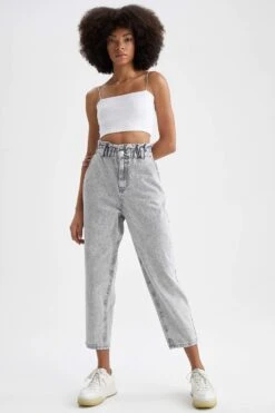 DeFacto Paperbag Fit Yüksek Bel Cropped Yıkamalı Jean %100 Pamuk Pantolon -Tunik Style X1171AZ 22SP NM55 03 02