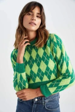 DeFacto Regular Fit Bisiklet Yaka Baklava Desenli Kazak -Tunik Style X1222AZ 22WN GN164 04 01