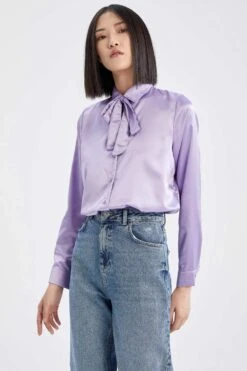 DeFacto Regular Fit Basic Fular Yaka Uzun Kollu Saten Gömlek -Tunik Style X3259AZ 22SM PR77 04 03