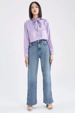 DeFacto Regular Fit Basic Fular Yaka Uzun Kollu Saten Gömlek -Tunik Style X3259AZ 22SM PR77 05 03